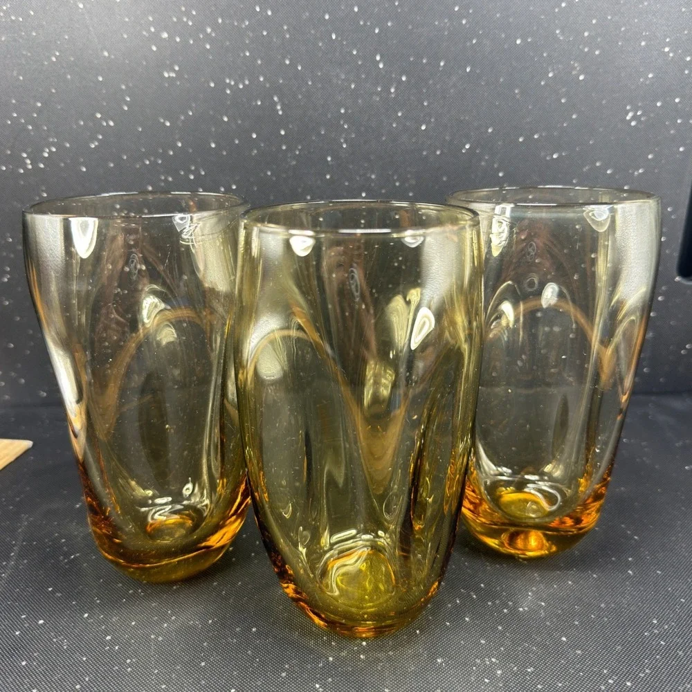 Russel Wright Pinch Amber Glass Tumblers 16oz Mid Century Modern Set of 3 6inch